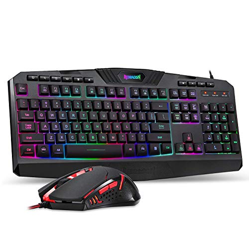 Redragon S101 Wired Gaming Keyboard and Mouse Combo RGB Backlit Gaming Keyboard with Multimedia Keys Wrist Rest and Red Backlit Gaming Mouse 3200 DPI for Windows PC Gamers (Black)